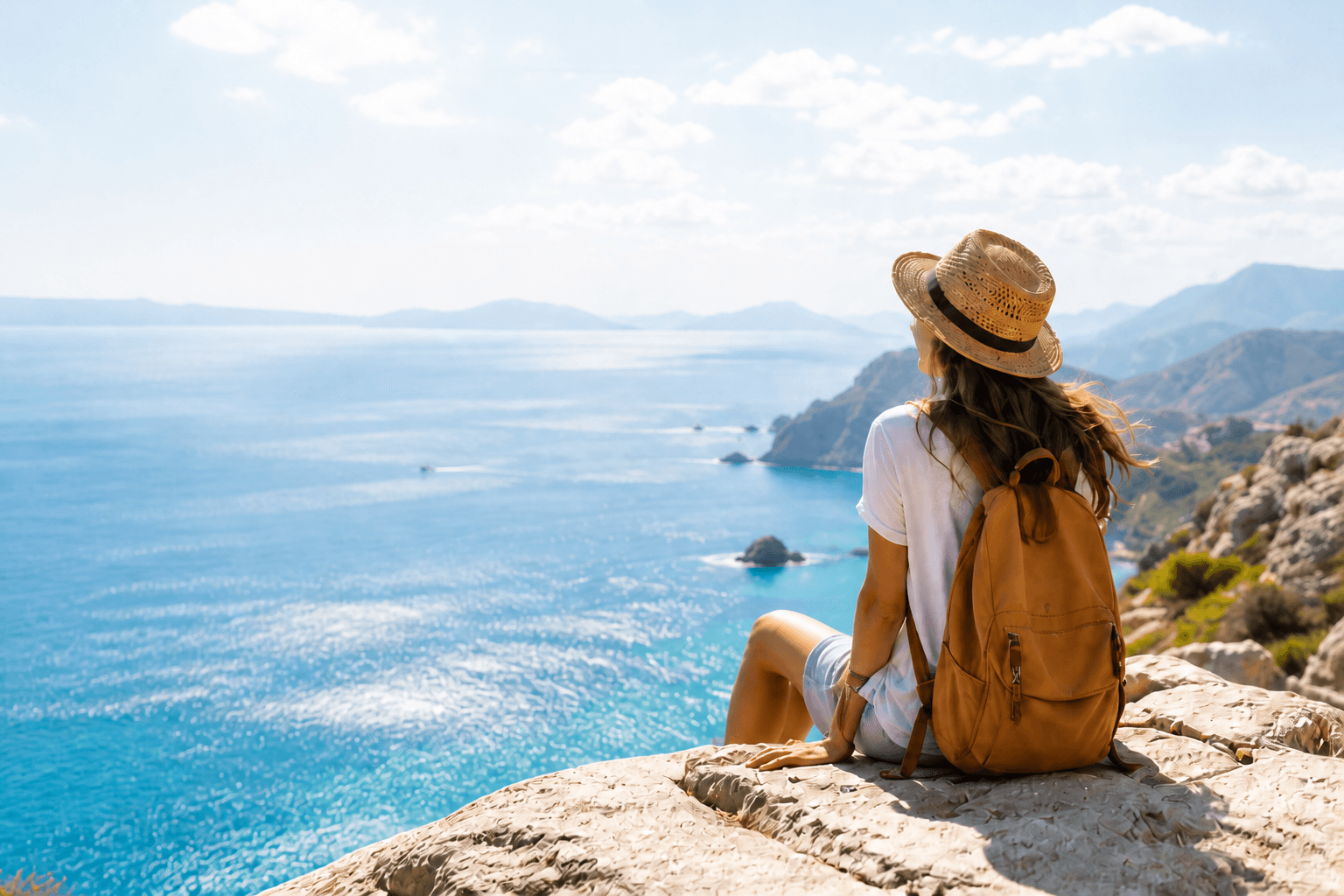 Viajera con sombrero de paja y mochila contemplando una costa azul