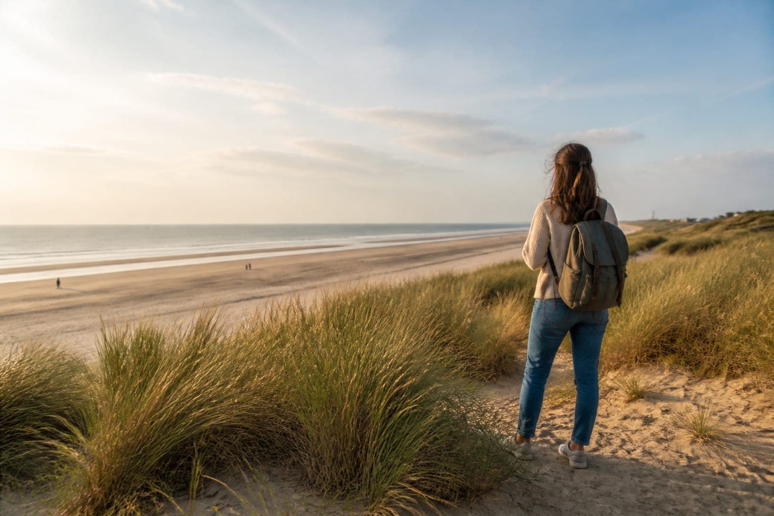 Traveller looking out over a wide North Sea beach from the Dutch dunes