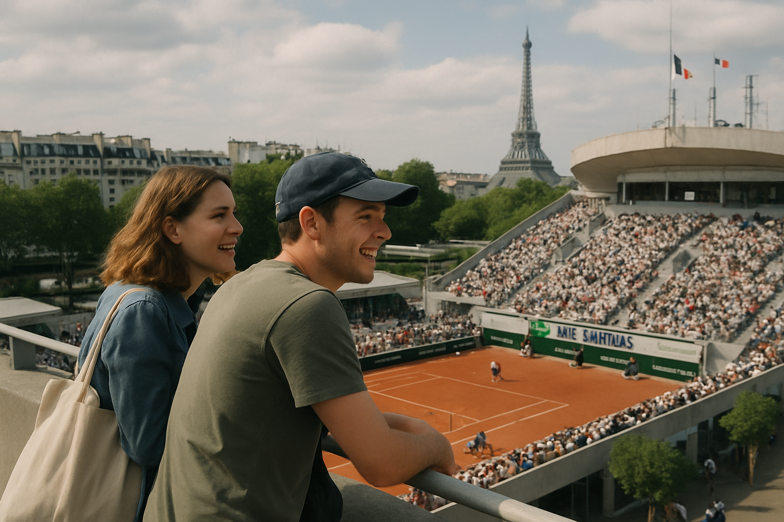 Realistic view of a clay tennis court in a Paris stadium