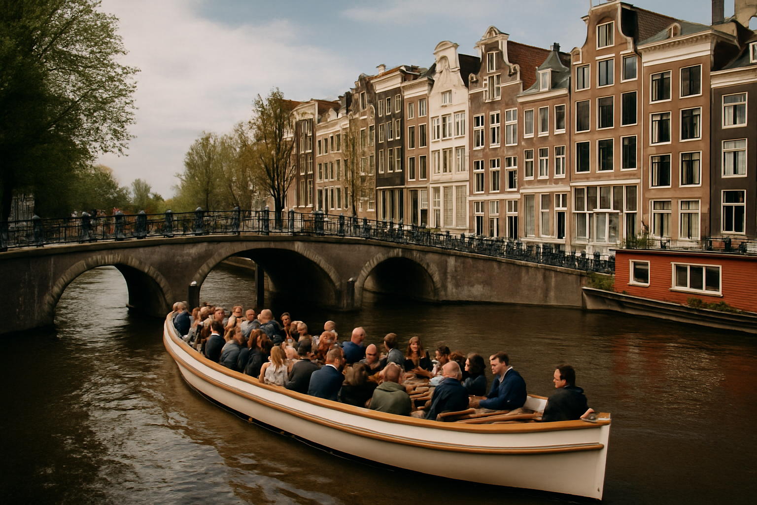 Imagen de ambiente realista de un paseo en barco por Ámsterdam