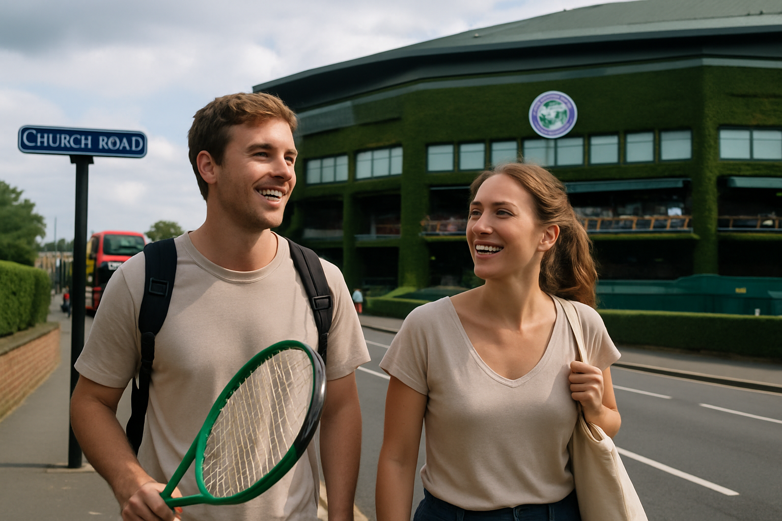 Two tennis players in white clothing play on a grass court in front of full stands at Wimbledon